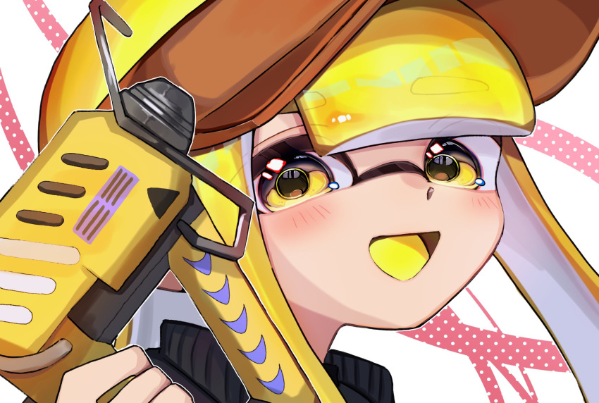 1girl :d blonde_hair close-up glooga_dualies_(splatoon) glue_gun gun highres holding holding_gun holding_weapon inkling inkling_girl inkling_player_character knr_2 long_hair looking_at_viewer open_mouth red_background smile solo splatoon_(series) splatoon_3 tentacle_hair two-tone_background weapon white_background yellow_eyes