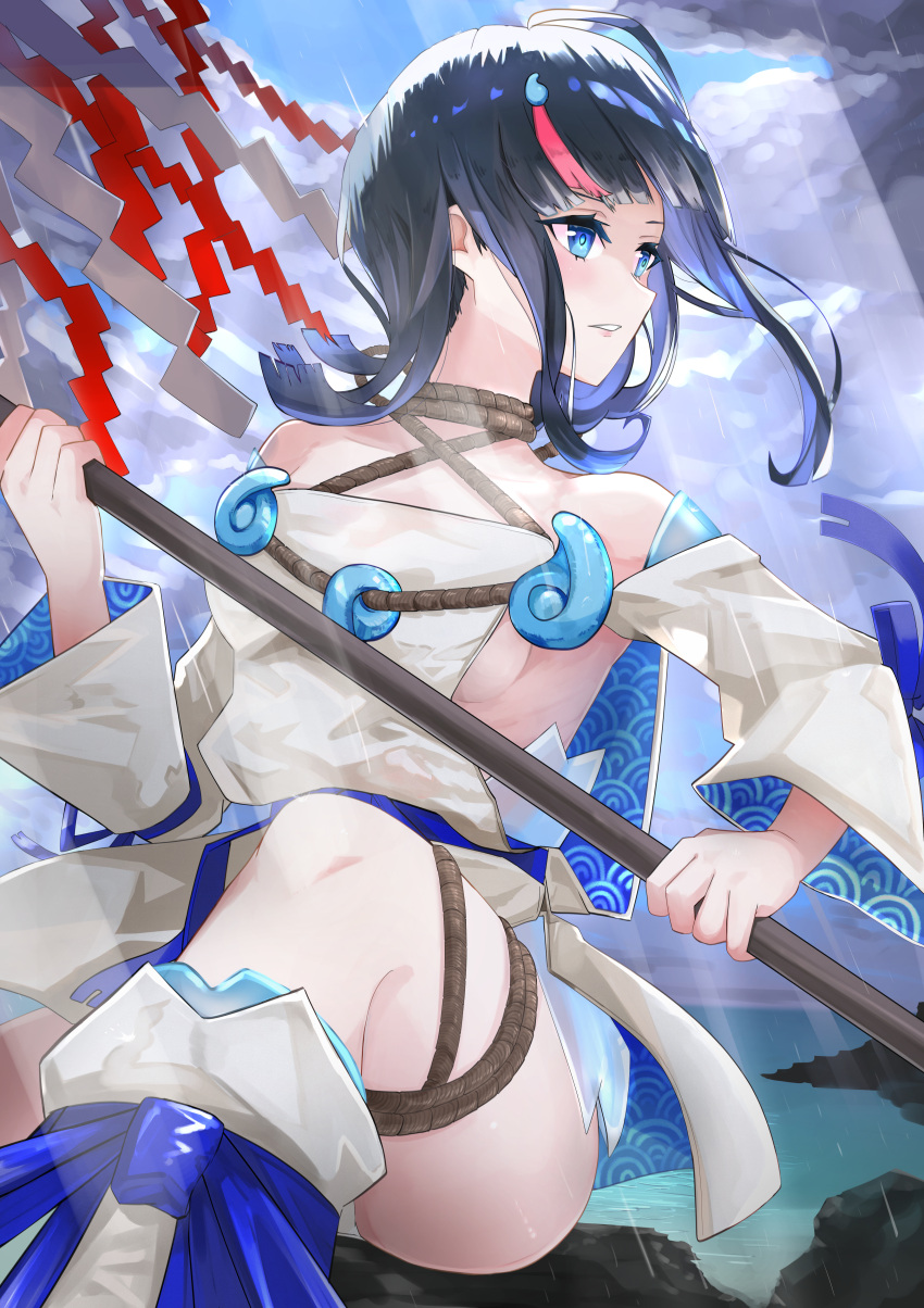 1girl absurdres bare_shoulders black_hair blue_eyes blue_ribbon breasts collarbone detached_leggings dress fate/grand_order fate_(series) fundoshi highres japanese_clothes jewelry long_sleeves magatama magatama_hair_ornament magatama_necklace medium_hair multicolored_hair necklace pelvic_curtain pink_hair puffy_long_sleeves puffy_sleeves ribbon seigaiha short_dress sideboob sideless_outfit sidelocks solo streaked_hair thighs two-sided_fabric two-sided_skirt user_damt5337 utsumi_erice white_dress