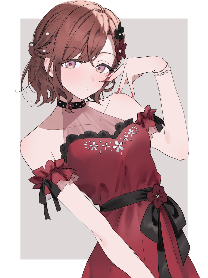 1girl black_choker border bracelet brown_hair choker dress grey_background hair_ornament highres higuchi_madoka idolmaster idolmaster_shiny_colors jewelry mole mole_under_eye multicolored_eyes nail_polish red_dress red_nails short_hair solo upper_body white_border yumeme_818