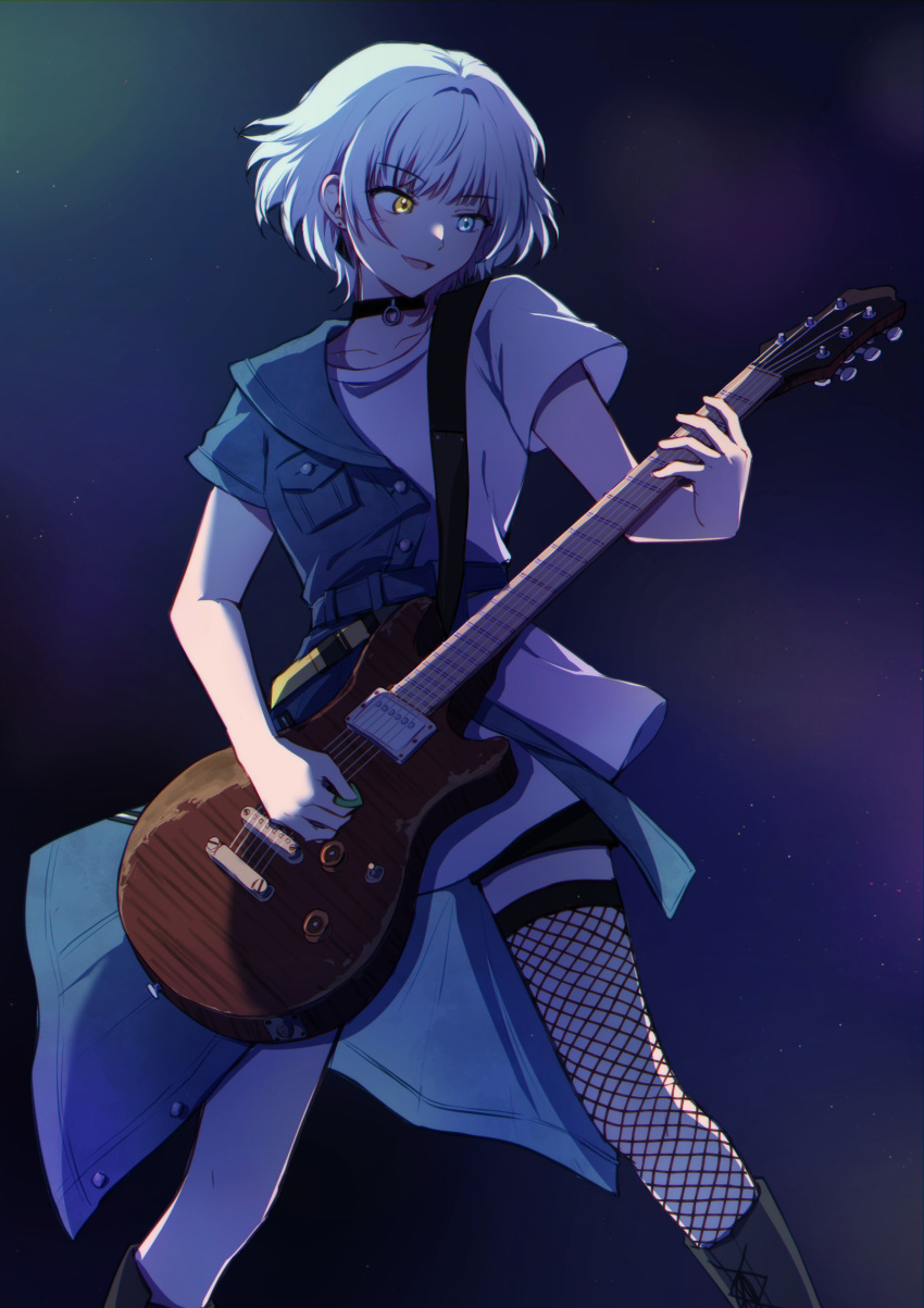 1girl absurdres bang_dream! bang_dream!_it's_mygo!!!!! black_background blue_coat blue_eyes coat commentary earrings electric_guitar fishnet_thighhighs fishnets guitar heterochromia highres instrument jacha_gam jewelry kaname_raana legs_apart light_particles medium_hair parted_lips playing_guitar shirt short_sleeves single_thighhigh smile solo stud_earrings thighhighs white_hair white_shirt yellow_eyes