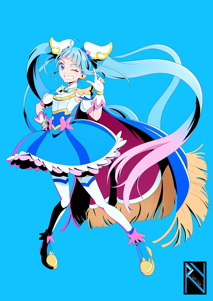 1girl absurdres ahoge blue_background blue_eyes blue_footwear blue_hair blue_skirt cure_sky detached_sleeves doraemon12012 fingerless_gloves floating_hair gloves gradient_hair grin hair_ornament hand_on_own_hip heart heart_hair_ornament highres hirogaru_sky!_precure index_finger_raised long_hair looking_at_viewer multicolored_hair one_eye_closed pink_hair precure shirt short_sleeves simple_background skirt smile solo thighhighs twintails underbust very_long_hair white_gloves white_shirt white_thighhighs