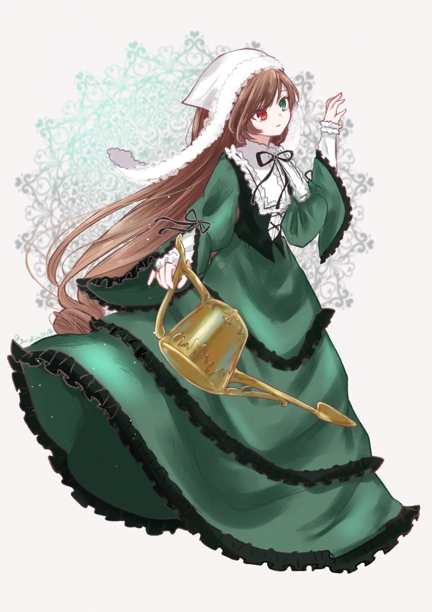 1girl brown_hair dress frilled_dress frills full_body green_dress green_eyes head_scarf heterochromia highres holding holding_watering_can long_hair looking_to_the_side pine_(pineapple5459) red_eyes rozen_maiden smile solo suiseiseki very_long_hair watering_can