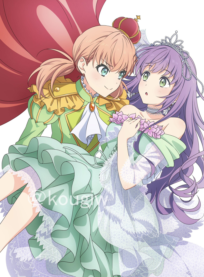 2girls :o ascot bare_shoulders bird cape carrying cerise_bouquet choker closed_mouth collarbone commentary_request crow dress earrings epaulettes eye_contact frilled_dress frills green_dress green_eyes green_jacket hair_down highres hinoshita_kaho jacket jewelry kougi_hiroshi layered_dress link!_like!_love_live! long_hair long_sleeves looking_at_another love_live! multiple_girls off-shoulder_dress off_shoulder official_alternate_costume official_alternate_hairstyle open_mouth orange_hair otomune_kozue prince princess princess_carry purple_hair red_cape smile split_mouth standing tiara twintails twitter_username upper_body v-shaped_eyebrows virtual_youtuber watermark white_ascot white_background white_choker
