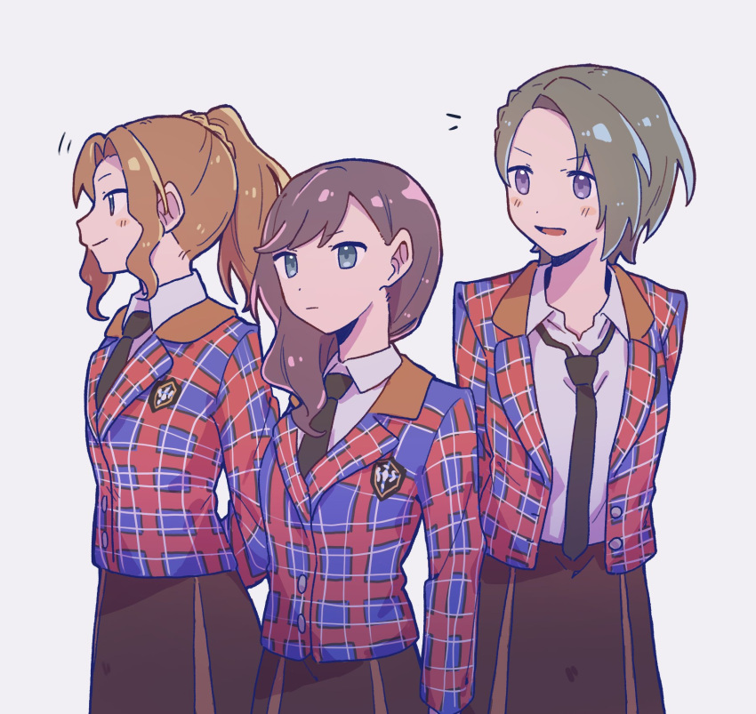 3girls arms_at_sides arms_behind_back black_necktie blue_eyes blue_jacket braid brown_hair brown_scrunchie brown_skirt closed_mouth collared_shirt commentary cowboy_shot grey_background hair_ornament hair_over_shoulder hair_scrunchie highres honami_hisame jacket light_smile long_hair long_sleeves looking_afar looking_ahead loose_necktie minase_suzu motion_lines multiple_girls necktie notice_lines open_clothes open_jacket parted_bangs parted_lips plaid plaid_jacket ponytail profile purple_eyes rei931218 school_uniform scrunchie shirt shirt_tucked_in short_hair shoujo_kageki_revue_starlight side-by-side sidelocks simple_background single_braid skirt standing v-shaped_eyebrows white_shirt yanagi_koharu