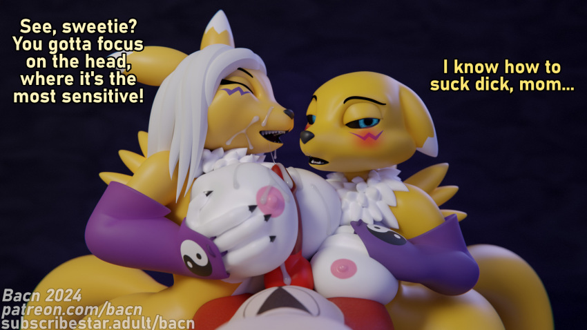 2024 3d_(artwork) abstract_background after_sex anthro areola armwear bacn bandai_namco big_breasts blush bodily_fluids breast_play breast_size_difference breast_squish breasts canid canine claws clothed clothing cum cum_on_face cum_on_penis daughter_(lore) dialogue digimon digimon_(species) digital_media_(artwork) english_text erection female first_person_view fox genital_fluids genitals group guilmon hair hi_res huge_breasts incest_(lore) male male/female mammal markings mother_(lore) mother_and_child_(lore) mother_and_daughter_(lore) nipples nude open_mouth parent_(lore) parent_and_child_(lore) parent_and_daughter_(lore) partially_clothed penile penis pov_titfuck red_body renamon renamon_(bacn) scalie sex smile squish text titfuck trio white_body yellow_body
