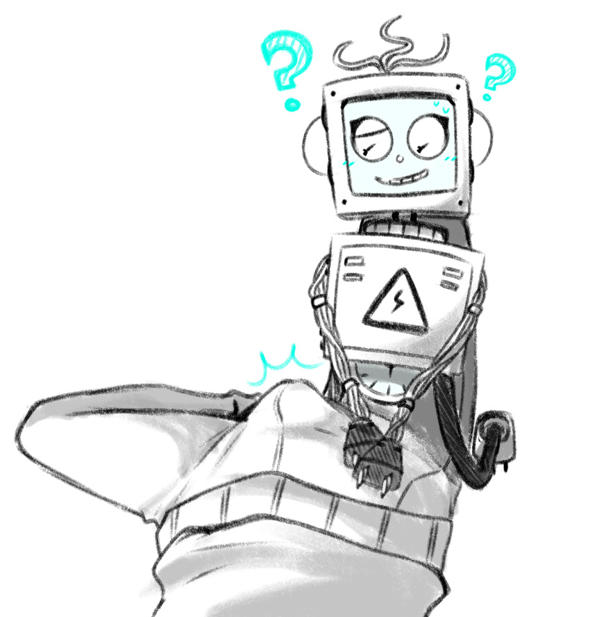 anonymous_artist blush bodily_fluids bottomwear bulge clothing curious don't_hug_me_i'm_scared duo electracey erection female hi_res machine male male/female not_furry on_lap on_model pants plug question_mark robot simple_background smile sweat white_background wire