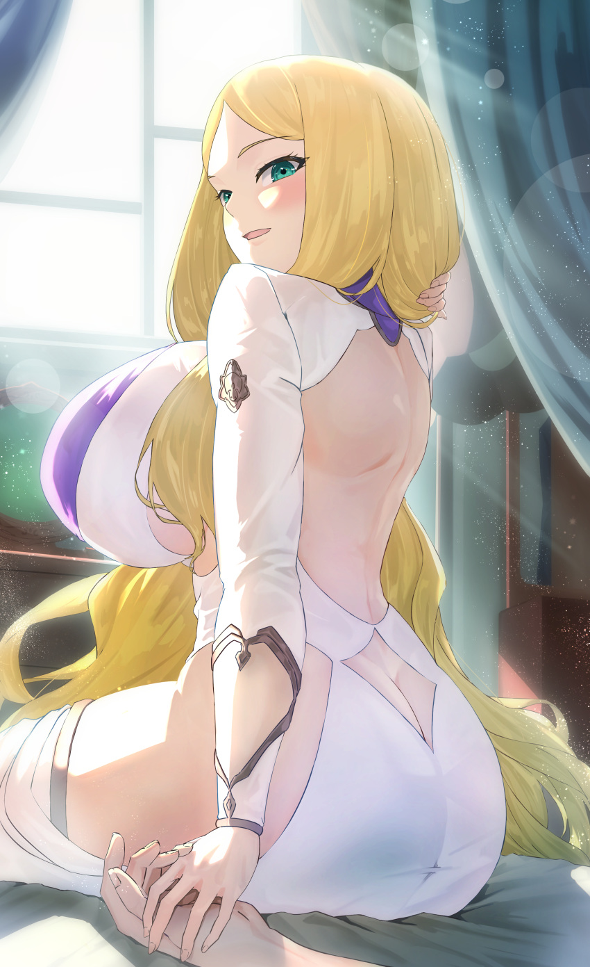 1girl absurdres aged_up aqua_eyes ass ass_cutout back backboob backless_dress backless_outfit blonde_hair blush breasts butt_crack caitlin_(pokemon) clothing_cutout commentary_request curtains dress highres hip_vent hizakake holding_hands huge_breasts indoors light_particles light_rays long_hair long_sleeves looking_at_viewer morning on_bed open_mouth parted_bangs pokemon pokemon_bw profile shadow sitting smile solo_focus very_long_hair white_dress window