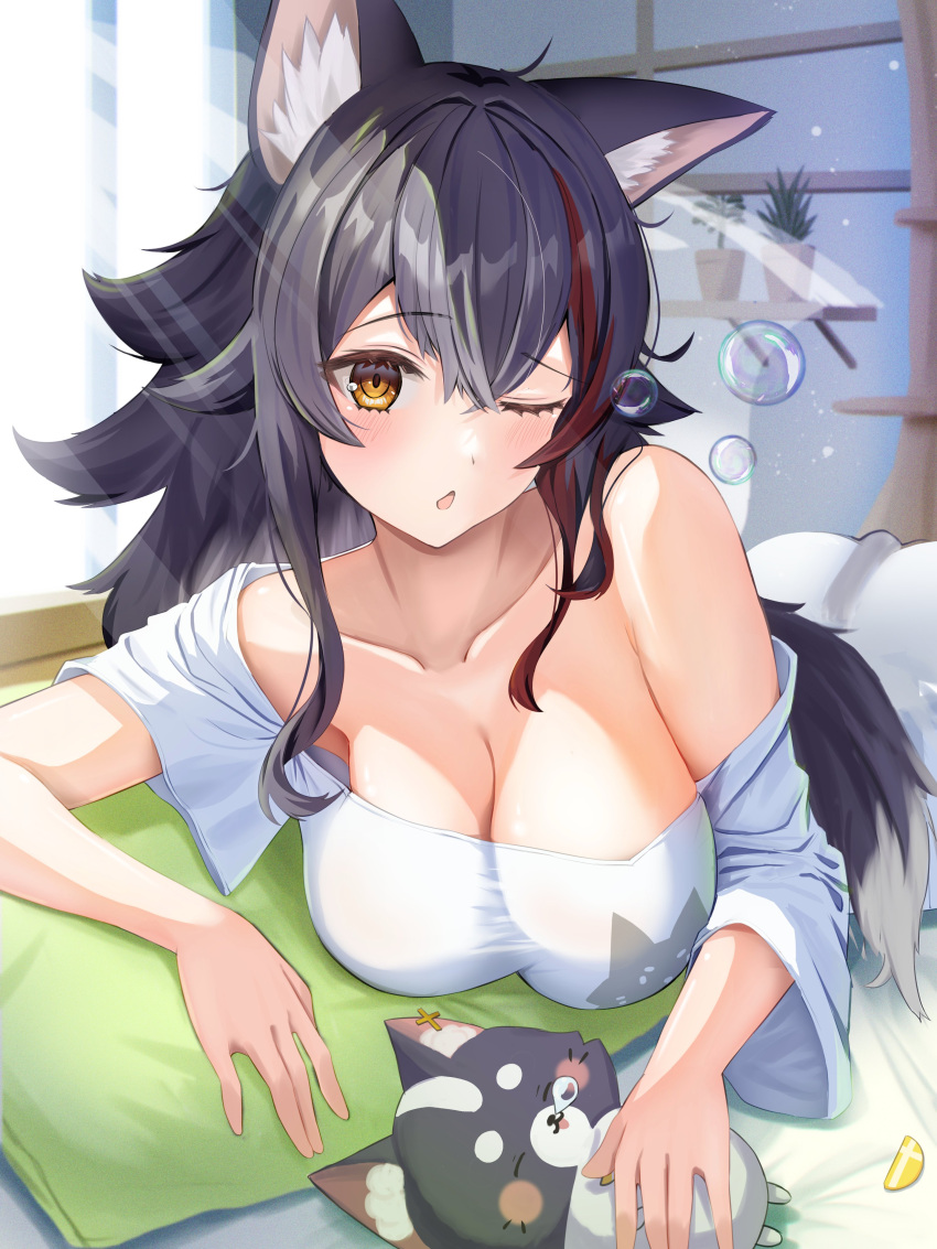 1girl ;o absurdres animal_ear_fluff animal_ears asymmetrical_shirt black_hair breasts bubble cleavage clothing_cutout collarbone dot_nose double-parted_bangs hair_between_eyes hair_ornament hairclip highres hololive large_breasts light_rays long_hair miofa_(ookami_mio) multicolored_hair nose_bubble official_alternate_costume one_eye_closed ookami_mio ookami_mio_(casual) open_mouth orange_eyes pillow plant potted_plant red_hair shelf shirt shoulder_cutout sidelocks streaked_hair torakichi_888 unworn_hair_ornament unworn_hairclip virtual_youtuber white_shirt window wolf_ears wolf_girl