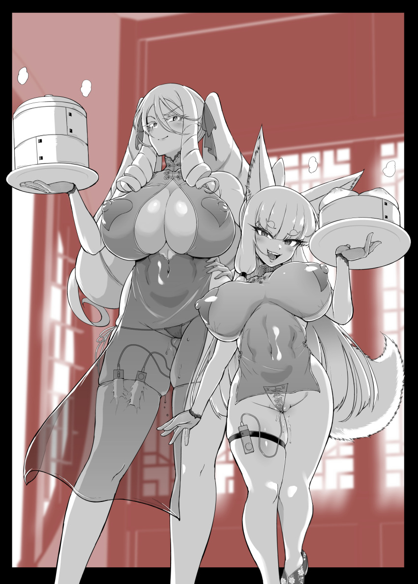 2girls absurdres animal_ear_fluff animal_ears bamboo_steamer baozi breasts china_dress chinese_clothes dim_sum dress drill_hair dumpling fan_no_hitori fang fishnet_gloves fishnets food fox_ears gloves hair_ribbon heart_pasties highres holding holding_tray hypnosis kuzunoha_gozen large_breasts looking_at_viewer maebari mind_control multiple_girls nanako_von_meinsfelt original panties pasties pussy_juice ribbon see-through sex_toy steam tail thick_thighs thigh_strap thighhighs thighs thong tray tsurime twin_drills twintails underwear vibrator vibrator_cord vibrator_in_thigh_strap vibrator_in_thighhighs vibrator_under_clothes vibrator_under_panties waitress