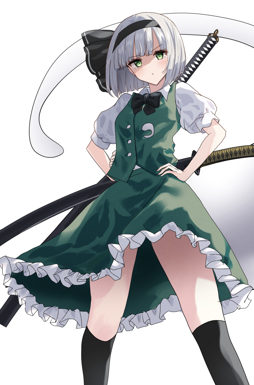 1girl absurdres black_bow black_bowtie black_hairband black_ribbon black_socks blunt_bangs blunt_ends blush bob_cut bow bowtie collared_shirt commentary_request eyelashes feet_out_of_frame frilled_skirt frills frown green_eyes green_skirt green_vest grey_hair hair_ribbon hairband hands_on_own_hips highres katana kneehighs konpaku_youmu konpaku_youmu_(ghost) looking_at_viewer mino_(minori) parted_lips puffy_short_sleeves puffy_sleeves ribbon shirt short_hair short_sleeves sidelighting simple_background skirt socks solo standing straight_hair sword touhou tsurime v-shaped_eyebrows vest weapon white_background white_shirt