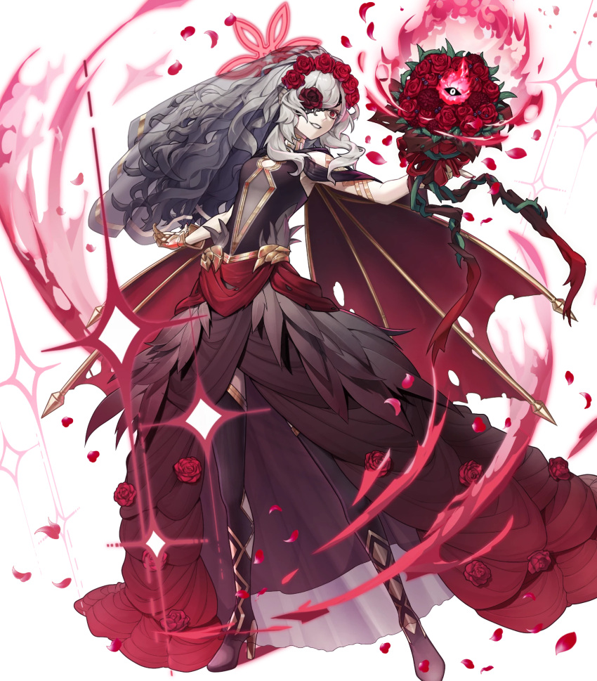 1girl air_(ai_r_) animal_ears bat_ears bat_girl black_dress black_eyeshadow black_lips black_thighhighs boots bouquet breasts bride dress embla_(closed-off_bride)_(fire_emblem) embla_(fire_emblem) eyeshadow fire_emblem fire_emblem_heroes flower flower_eyepatch gem gold_trim grey_background grey_hair high_heel_boots high_heels highres holding holding_bouquet lipstick makeup nail_polish non-web_source official_alternate_costume official_art pale_skin red_brooch red_flower red_gemstone red_nails red_rose rose small_breasts smile solo teeth thighhighs wedding_dress