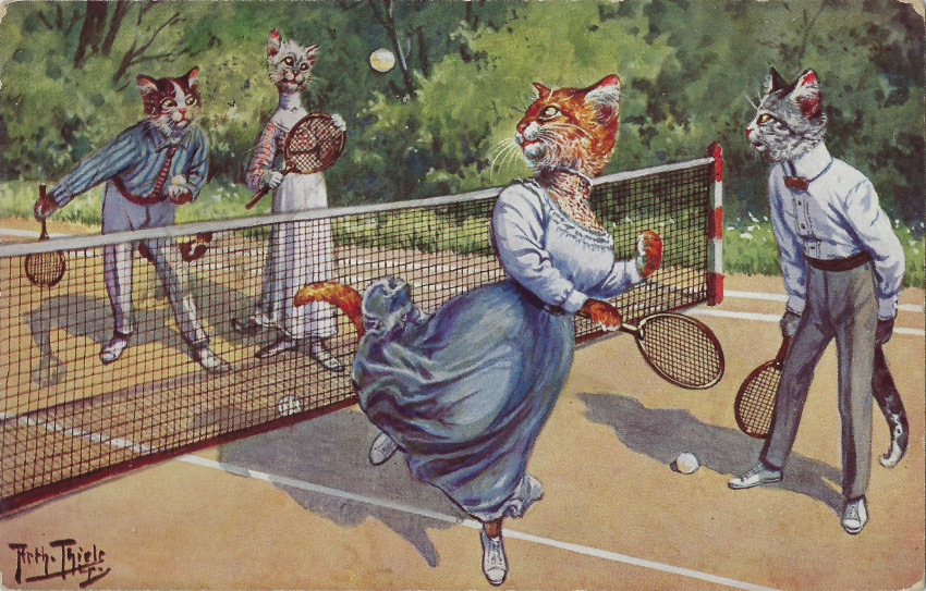 20th_century absurd_res ancient_art anthro arthur_thiele ball biped bottomwear clothed clothing domestic_cat doubles_tennis felid feline felis female footwear fully_clothed group hi_res male mammal necktie net outside pants playing_sport playing_tennis shoes signature sport tennis tennis_ball tennis_court tennis_net traditional_media_(artwork)