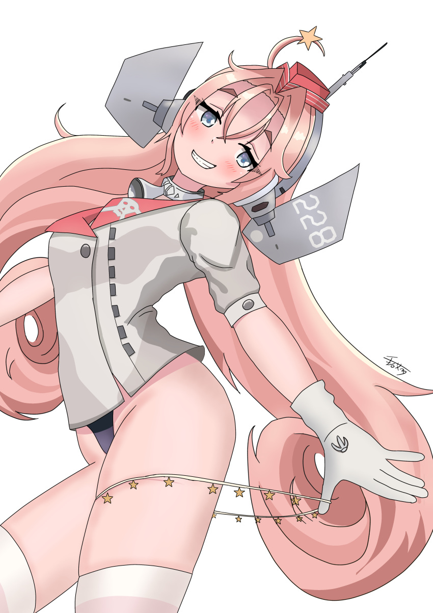 1girl absurdres bell black_one-piece_swimsuit coat collar drum_(kancolle) garrison_cap gloves grey_coat grey_eyes grin hair_ornament hair_rings hat highleg highleg_swimsuit highres kantai_collection long_hair metal_collar neck_bell one-piece_swimsuit pink_hair red_hat simple_background skull_print smile solo star_(symbol) star_hair_ornament star_ornament swimsuit swimsuit_under_clothes teishi_samewata thighhighs white_background white_gloves white_thighhighs