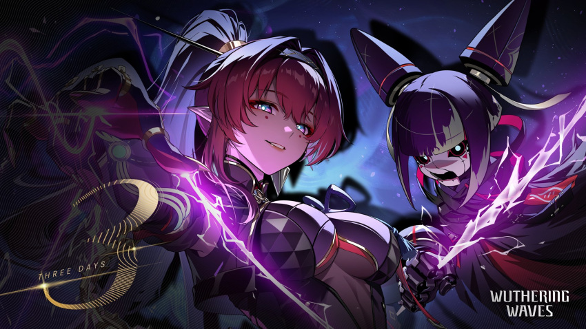 1girl bare_shoulders black_hairband breasts bright_pupils countdown earrings gloves hair_between_eyes hairband highres jewelry large_breasts long_hair looking_at_viewer medium_breasts mole mole_under_each_eye mole_under_eye multiple_moles official_art open_mouth pointy_ears purple_eyes red_hair solo upper_body very_long_hair white_pupils wuthering_waves yinlin_(wuthering_waves)