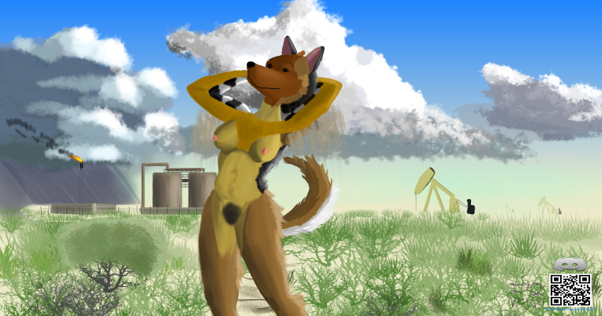 absurd_res anthro areola arms_stretched barely_visible_genitalia belly black_body black_fur breasts brown_body brown_eyes brown_face brown_fur canid canine canis cloud countershade_tail countershade_torso countershading coyote desert exhibitionism female field fur genitals gotadraw hi_res mammal montgomery_glands mostly_nude native_attire navel nipples oil_rig outdoor_nudity outside path pointless_clothing pubes public public_nudity pussy qr_code raining raven_(gotadraw) solo stretched_out_leg tail trail white_body white_fur yellow_body yellow_fur