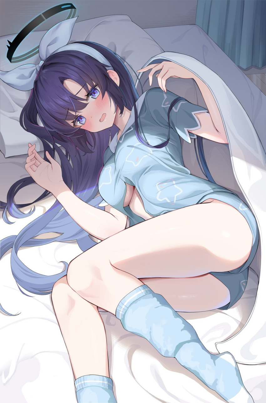 1girl alternate_costume blanket blue_archive blue_shirt blue_shorts blue_socks blush etesumsom hairband halo highres indoors kneehighs long_hair looking_at_viewer lying on_bed on_side parted_lips pillow purple_eyes purple_hair shirt shorts socks solo thighs white_hairband yuuka_(blue_archive)