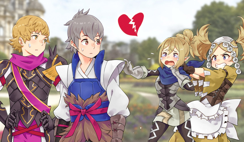 2boys 2girls ancestor_and_descendant blonde_hair blue_eyes broken_heart crying crying_with_eyes_open fire_emblem fire_emblem_awakening fire_emblem_fates fire_emblem_heroes grey_hair heart highres igni_tion kana_(female)_(fire_emblem) kana_(fire_emblem) kiragi_(fire_emblem) lissa_(fire_emblem) multiple_boys multiple_girls siegbert_(fire_emblem) tears twintails