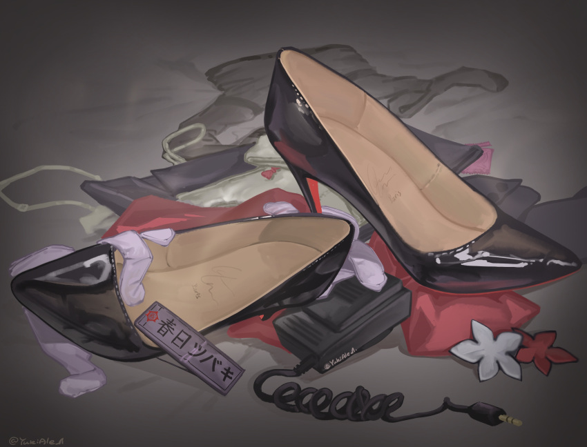 absurdres black_footwear black_jacket black_pantyhose blue_archive bow bowtie character_name footwear_focus gloves grey_background high_heels highres jacket name_tag no_humans panties pantyhose purple_gloves red_bow red_bowtie shoes smell tsubaki_(blue_archive) twitter_username underwear unworn_bowtie unworn_gloves unworn_jacket unworn_panties unworn_pantyhose unworn_shoes walkie-talkie white_panties yukiale