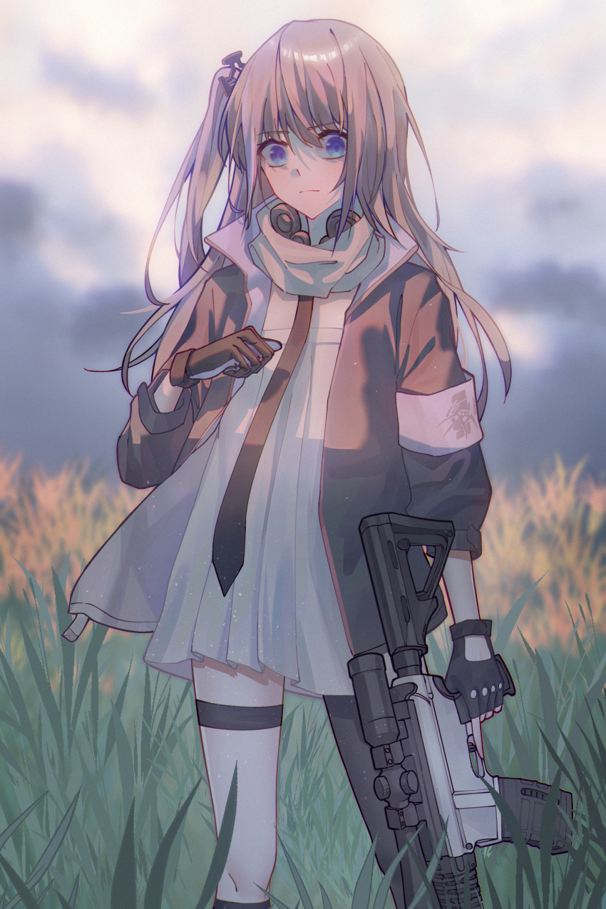 1girl absurdres ar-15 asymmetrical_gloves black_gloves black_jacket black_necktie black_thighhighs blue_eyes chinese_commentary closed_mouth cloud cloudy_sky commentary_request cowboy_shot dress eyebrows_hidden_by_hair fingerless_gloves girls'_frontline gloves grass gun hand_up highres holding holding_gun holding_weapon jacket long_hair looking_at_viewer mismatched_gloves multicolored_hair necktie one_side_up open_clothes open_jacket pink_armband pink_hair purple_hair rifle scope single_thighhigh sky solo st_ar-15_(girls'_frontline) streaked_hair thigh_strap thighhighs trigger_discipline weapon white_dress wu_chengyi3999
