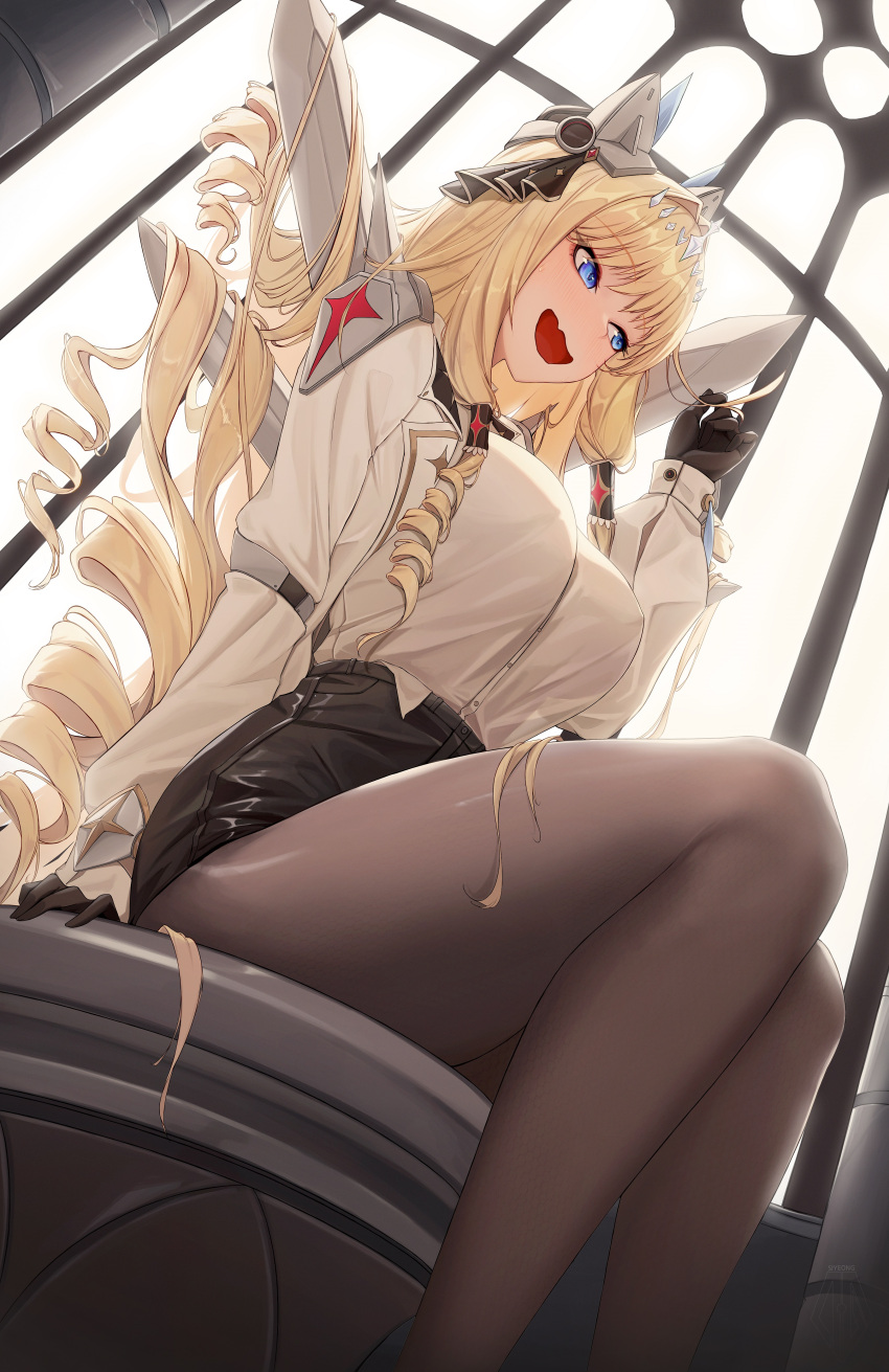 1girl absurdres arm_support black_pantyhose black_ribbon black_shorts blonde_hair blue_eyes breasts commentary crown_(nikke) drill_hair eyeshadow fang from_below goddess_of_victory:_nikke hair_intakes hair_ribbon hand_up headgear highres indoors large_breasts long_hair long_sleeves looking_to_the_side makeup open_mouth pantyhose playing_with_own_hair red_eyeshadow ribbon shirt shorts sidelocks sitting siyeong skin_fang solo sword tiara very_long_hair weapon white_shirt