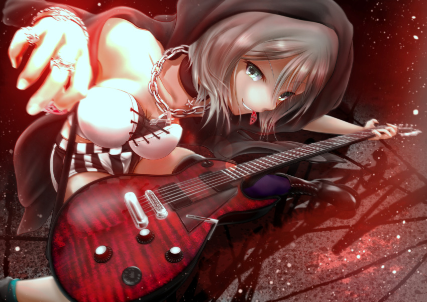 1girl aoba_moka aqua_eyes aqua_legwear bang_dream! bangs black_choker black_footwear black_jacket black_shorts chain_necklace choker collarbone commentary_request cross-laced_top electric_guitar eyebrows_visible_through_hair grey_hair grin guitar highres hood hood_up instrument jacket jewelry mouth_hold necklace open_clothes open_jacket plectrum purple_legwear ring ryo_the_speed6 short_hair shorts single_sock single_thighhigh smile socks solo spread_legs striped striped_shorts thighhighs vertical-striped_shorts vertical_stripes white_shorts