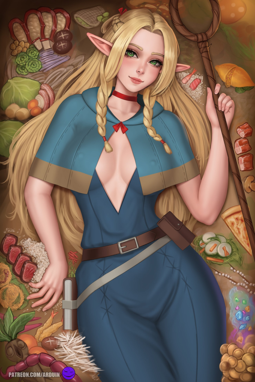 1girl arduina_(arduin_art) belt belt_pouch blonde_hair blue_dress blush book breasts breasts_apart capelet center_opening choker covered_nipples dress dungeon_meshi elf food green_eyes highres large_breasts lettuce lips long_hair looking_at_viewer lying mandrake mandrake_(dungeon_meshi) marcille_donato meat on_back parted_bangs pizza pointy_ears pouch red_choker skewer smile solo tempura treasure_bug_(dungeon_meshi)