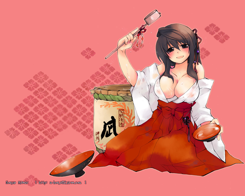 alcohol artist_name barrel breasts cleavage copyright_request cup hakama japanese_clothes large_breasts miko misaki_kozue new_year red_hakama sakazuki sake sake_barrel solo watermark web_address