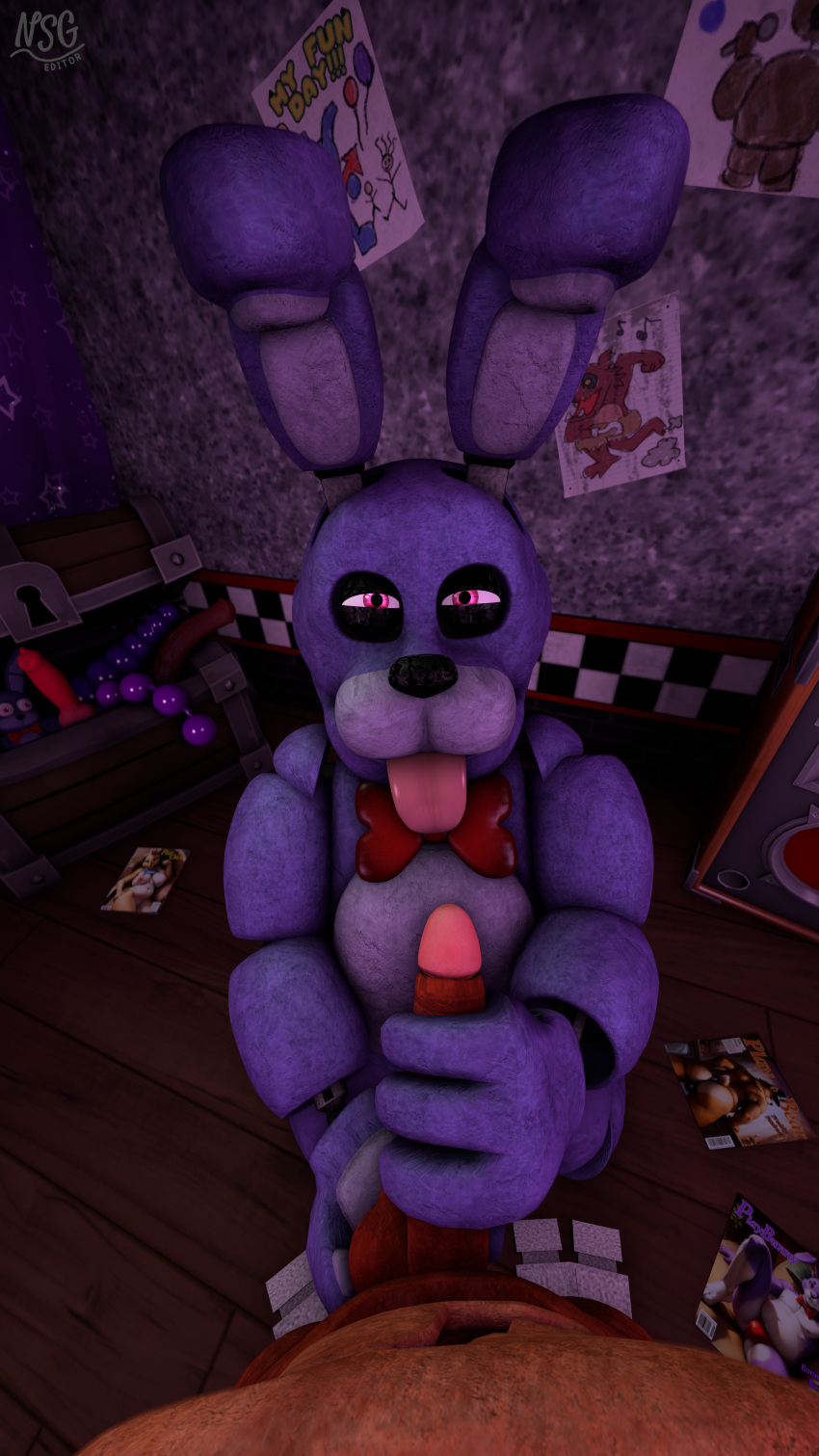 3d_(artwork) absurd_res animatronic anthro ball_grab balls bedroom_eyes bonnie_(fnaf) bow_(feature) bow_tie canid canine chest_(container) curtains digital_media_(artwork) dildo drawings duo erection first_person_view five_nights_at_freddy's fox foxy_(fnaf) genitals glowing glowing_eyes half-closed_eyes hi_res kneeling lagomorph leporid looking_at_viewer machine magazine male male/male mammal masturbation narrowed_eyes nsg_editor nude penis pink_eyes plushie purple_body rabbit red_body robot scottgames seductive sex_toy sex_toy_background smile source_filmmaker_(artwork) tongue tongue_out watermark