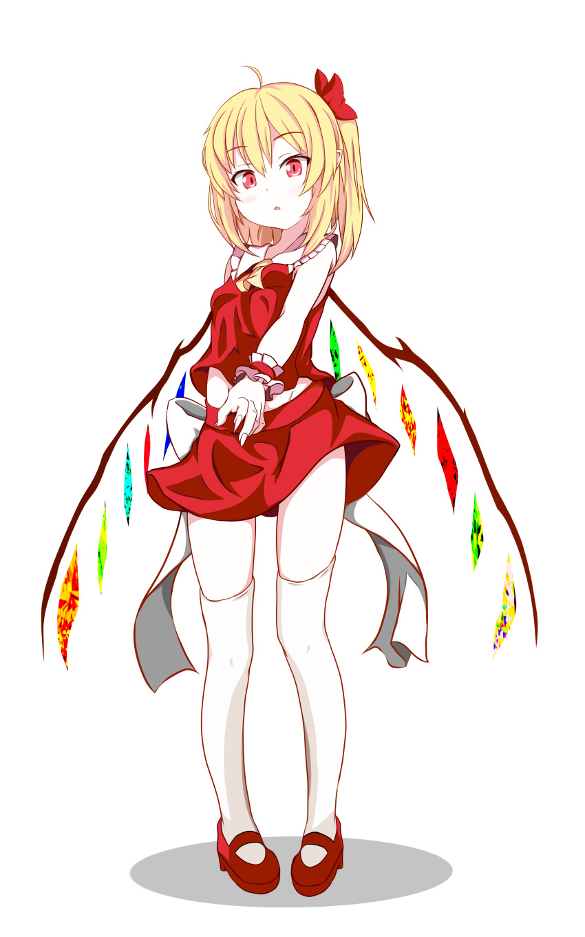 1girl absurdres adapted_costume back_bow blonde_hair bow collared_shirt crystal flandre_scarlet frilled_shirt_collar frills full_body furagu hair_bow highres large_bow looking_at_viewer mary_janes medium_hair miniskirt multicolored_wings no_headwear one_side_up pigeon-toed pointy_ears red_bow red_eyes red_shirt red_skirt shirt shoes simple_background skirt sleeveless sleeveless_shirt solo standing thighhighs touhou white_background white_bow white_thighhighs wings