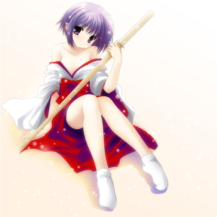 bamboo bamboo_blade bare_shoulders hakama highres japanese_clothes kawazoe_tamaki legs miko namamo_nanase purple_eyes purple_hair red_hakama shinai short_hair solo sword weapon