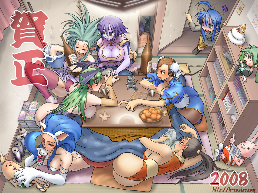 ahoge ass bare_shoulders beer_can bottle breasts bun_cover can capcom china_dress chinese_clothes chun-li cleavage cosine crossover double_bun dress drinking drooling drunk fatal_fury felicia hachune_miku head_wings highres huge_ahoge izumi_konata kotatsu large_breasts lei_lei leotard lucky_star morrigan_aensland multiple_girls pantyhose paws pelvic_curtain ryouko_(tenchi_muyou!) sake_bottle saliva shiranui_mai sideboob snk spiked_hair street_fighter table tatami tenchi_muyou! the_king_of_fighters thighhighs thong_leotard vampire_(game) vocaloid walk-in yojouhan