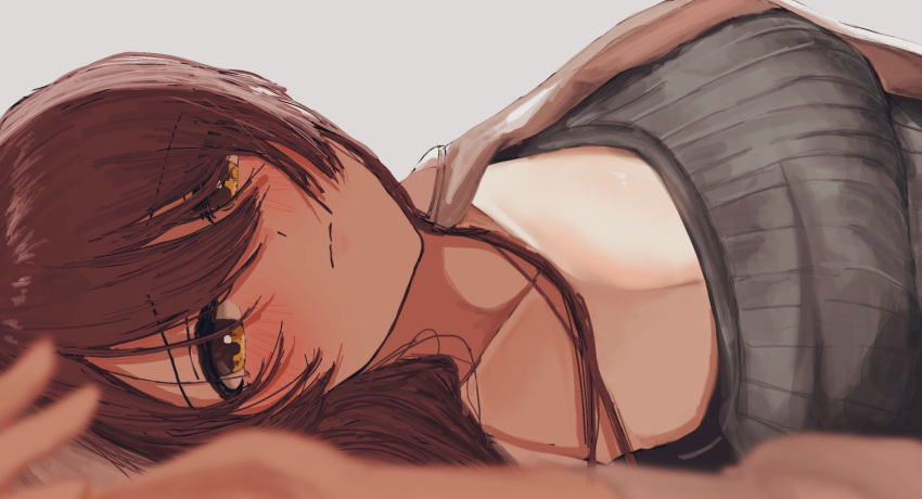 0923_azu 1girl blush breasts brown_hair cleavage collarbone highres idolmaster idolmaster_shiny_colors large_breasts looking_at_viewer lying on_side osaki_tenka solo upper_body yellow_eyes