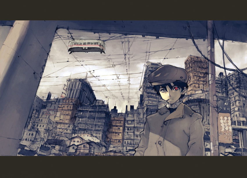 beret city cityscape cloud cloudy_sky hat heterochromia male_focus original power_lines red_eyes sky solo streetcar toi8