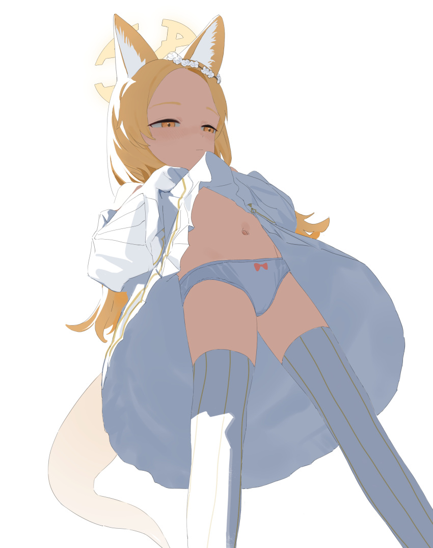 1girl absurdres animal_ear_fluff animal_ears bare_shoulders blonde_hair blue_archive closed_mouth detached_sleeves dress fox_ears fox_tail from_below halo highres lazhuzelazhuze long_hair navel panties seia_(blue_archive) simple_background solo striped_clothes striped_thighhighs tail thighhighs underwear vertical-striped_clothes vertical-striped_thighhighs white_background white_dress white_panties white_sleeves white_thighhighs yellow_eyes yellow_halo