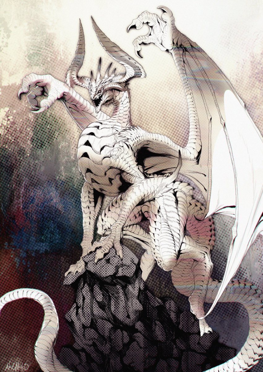 akie_(akidoygo) animal_focus claws dragon full_body halftone halftone_background highres horns monster no_humans on_rock open_mouth original rock scales solo tail western_dragon wings