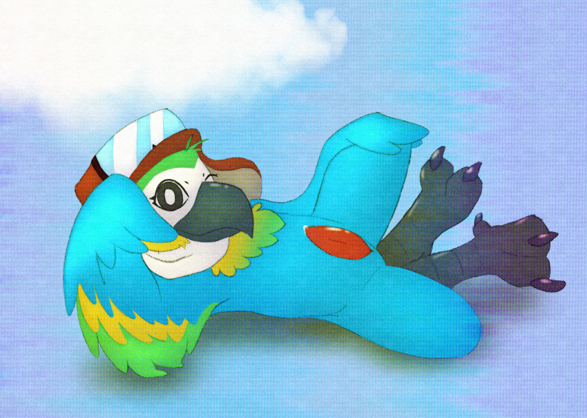 avian aviator_cap aviator_glasses beak bird blue_body claws clothing cloud crossgender detailed_background eyewear feathers ftm_crossgender genitals glasses hand_on_knee hand_on_leg headgear headwear hi_res humanoid indigo_park kiroc looking_at_viewer macaw male mollie_macaw mostly_nude multicolored_body multicolored_feathers neotropical_parrot one_eye_closed parrot penis presenting presenting_penis scarf solo tapering_penis toe_claws true_parrot winged_arms wings wink winking_at_viewer