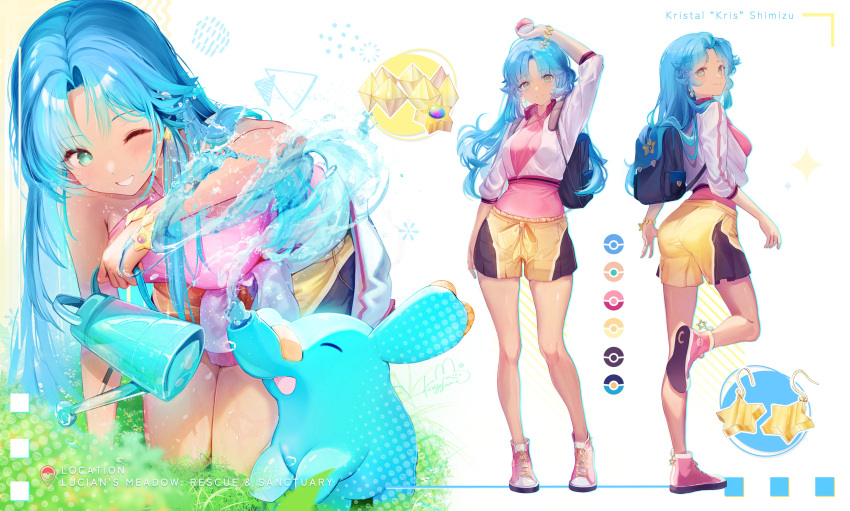 1girl :d absurdres all_fours aqua_eyes ass backpack bag bare_legs blue_bag blue_hair bracelet breasts character_name character_request check_character color_guide criss-cross_halter cropped_jacket earrings forehead from_behind full_body halterneck highres holding holding_poke_ball holding_watering_can jacket jewelry kagefumi long_hair looking_at_viewer medium_breasts multiple_views on_grass one_eye_closed original parted_bangs phanpy pink_footwear pink_shirt poke_ball pokemon pokemon_(creature) reference_sheet shirt shorts smile splashing standing star_(symbol) star_earrings straight-on two-tone_shorts water watering_can wet white_jacket yellow_shorts