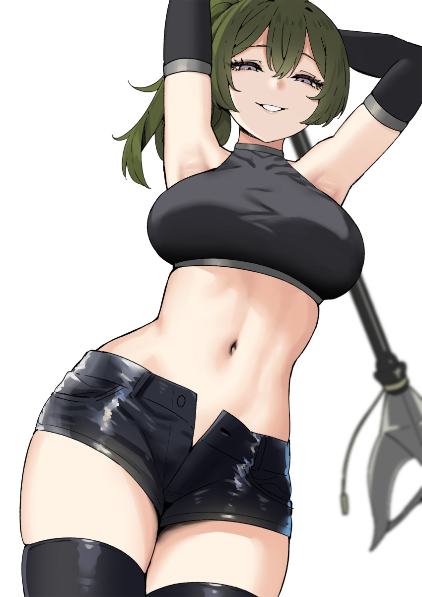 1girl armpits arms_up black_thighhighs breasts cowboy_shot crop_top dutch_angle green_hair grin high_side_ponytail highres holding holding_polearm holding_weapon medium_breasts navel open_fly polearm purple_eyes short_shorts shorts simple_background sky-freedom smile solo sousou_no_frieren stomach thighhighs ubel_(sousou_no_frieren) weapon white_background