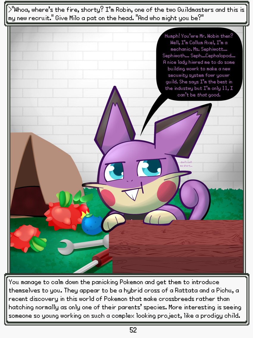 absurd_res anthro callum_axel_(rodent_powered) dialogue english_text food fruit furniture generation_1_pokemon generation_2_pokemon grass hi_res hybrid inside male nintendo pichu plant pokemon pokemon_(species) pokemon_mystery_dungeon rattata rodent_powered_(softestpuffss) screwdriver softestpuffss solo spike_chunsoft table text tools wood wood_furniture wood_table wrench