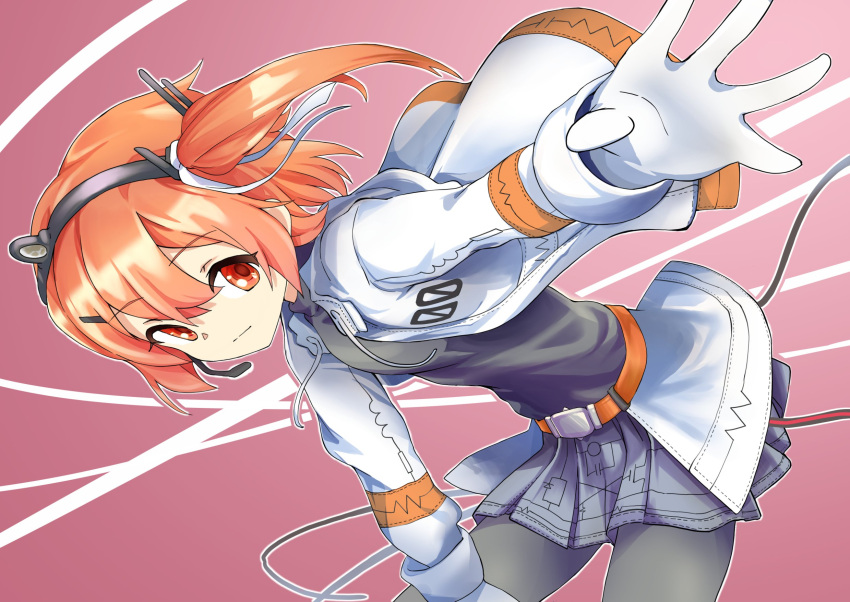 1girl a.i._voice bent_over black_shirt cable closed_mouth commentary_request drawstring gloves grey_skirt hair_ornament hair_ribbon hairclip headlamp headset highres jacket kurogitsune_ex leggings long_sleeves looking_at_viewer medium_hair miniskirt one_side_up open_clothes open_jacket orange_eyes orange_hair outstretched_arm pleated_skirt radio_antenna ribbon shirt skirt solo standing utau white_gloves white_jacket white_ribbon