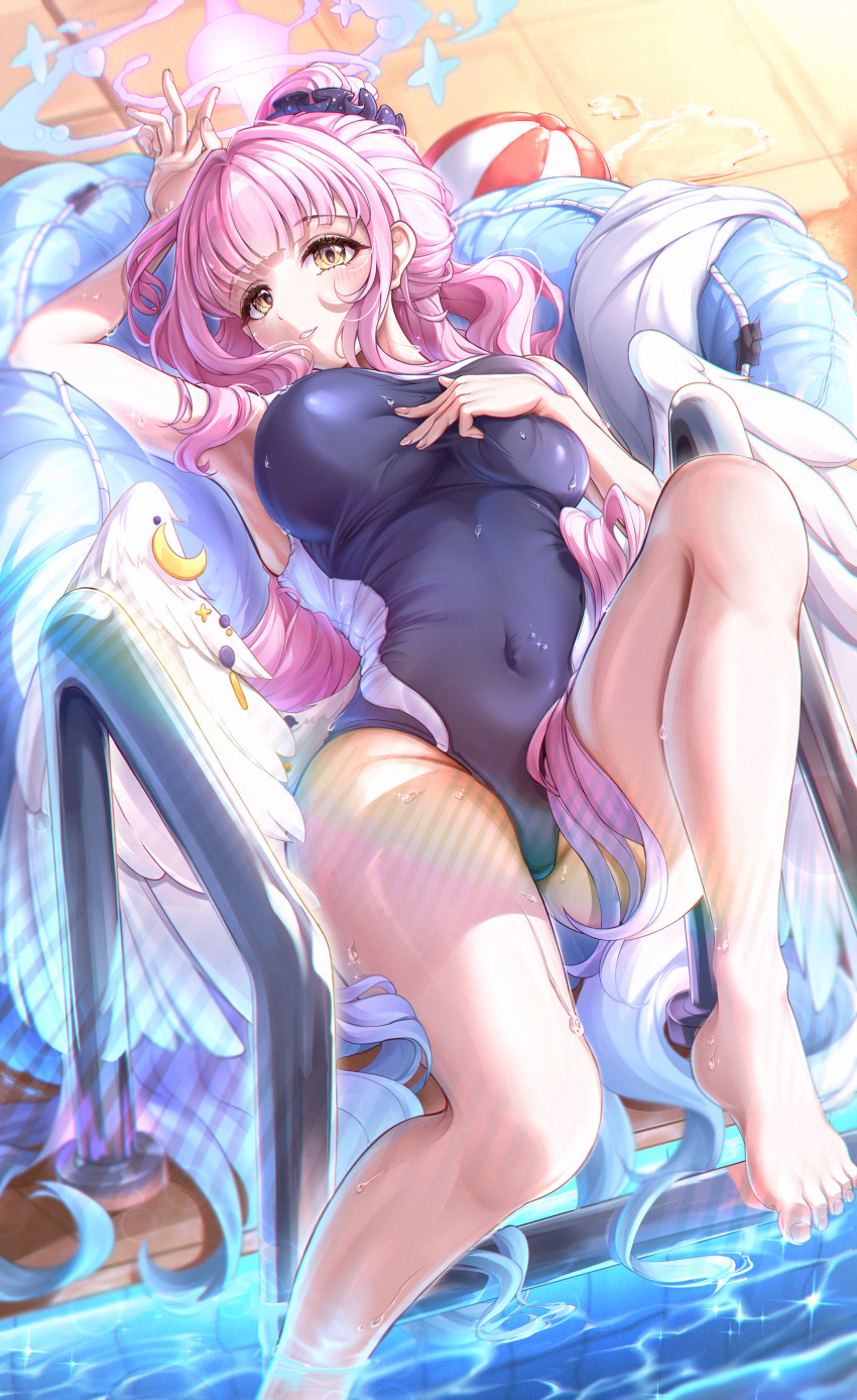 1girl absurdres angel_wings bare_arms bare_shoulders barefoot black_one-piece_swimsuit blue_archive blush breasts crescent crescent_pin feathered_wings halo highres large_breasts long_hair looking_at_viewer mika_(blue_archive) norimori one-piece_swimsuit open_mouth pink_hair pink_halo pool school_swimsuit solo swimsuit toes water white_wings wings yellow_eyes