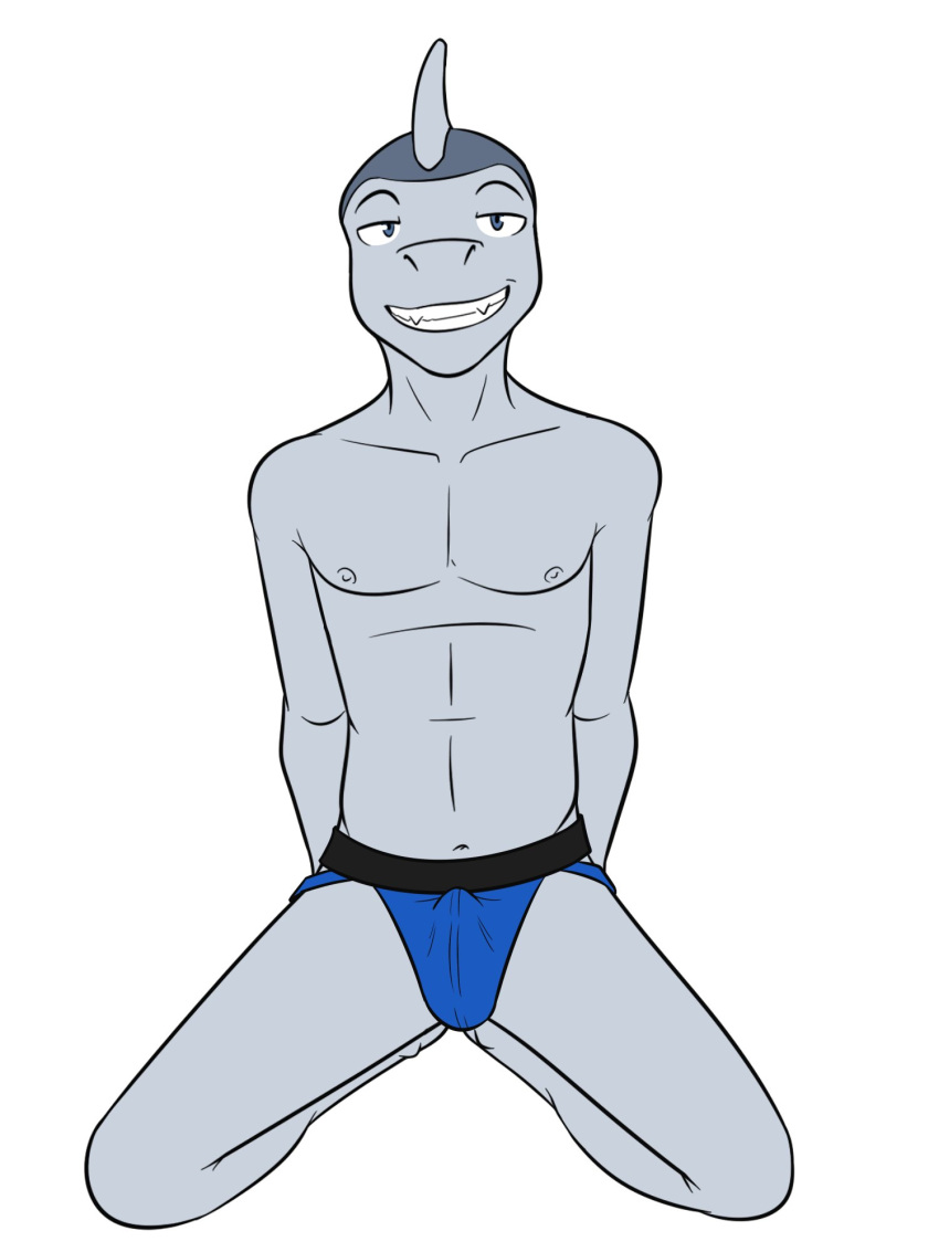 anthro clothed clothing erection erection_under_clothing fish fuze grin hi_res ian_dela_cruz jockstrap jockstrap_only kneeling looking_at_viewer male marine navel nipples shark simple_background smile solo texnatsu topless underwear underwear_only white_background