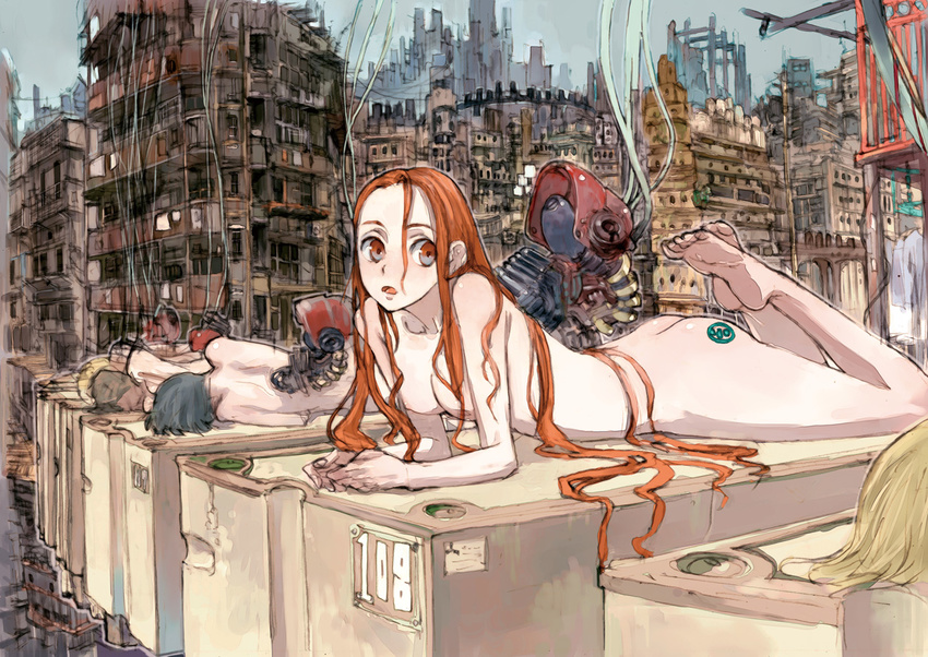 ass barefoot breasts city cityscape feet mecha medium_breasts multiple_girls nude original red_eyes red_hair soles solo_focus toi8