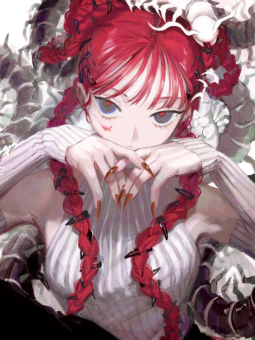 1girl absurdres bare_shoulders blue_eyes breasts bug centipede commentary detached_sleeves dress fingernails hair_ornament hairclip highres long_fingernails long_hair lowe_410 nail_polish original red_hair red_nails red_pupils sharp_fingernails small_breasts solo twintails upper_body white_dress