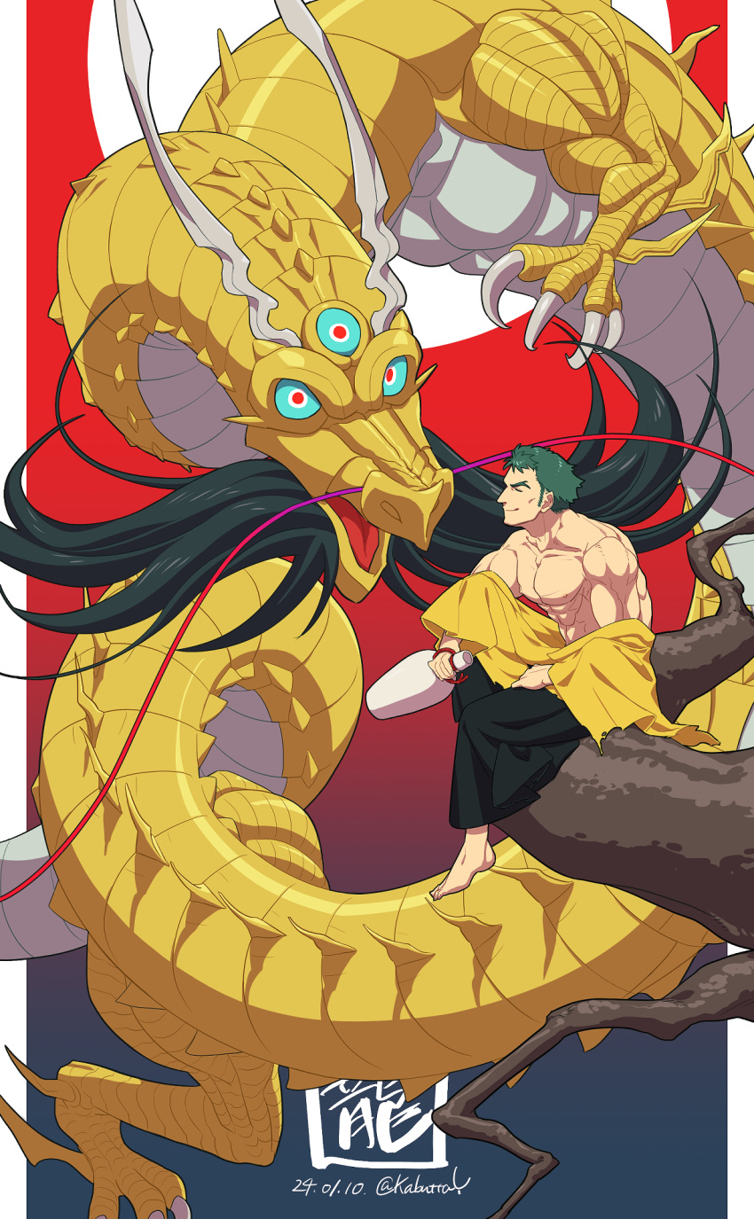 1boy barefoot bottle closed_eyes closed_mouth dated dragon eastern_dragon full_body green_hair highres holding holding_bottle kabuttay monk_(sekaiju) monk_5_(sekaiju) monster muscular muscular_male pectorals sekaiju_no_meikyuu sekaiju_no_meikyuu_3 short_hair signature sitting_on_branch smile storm_emperor third_eye