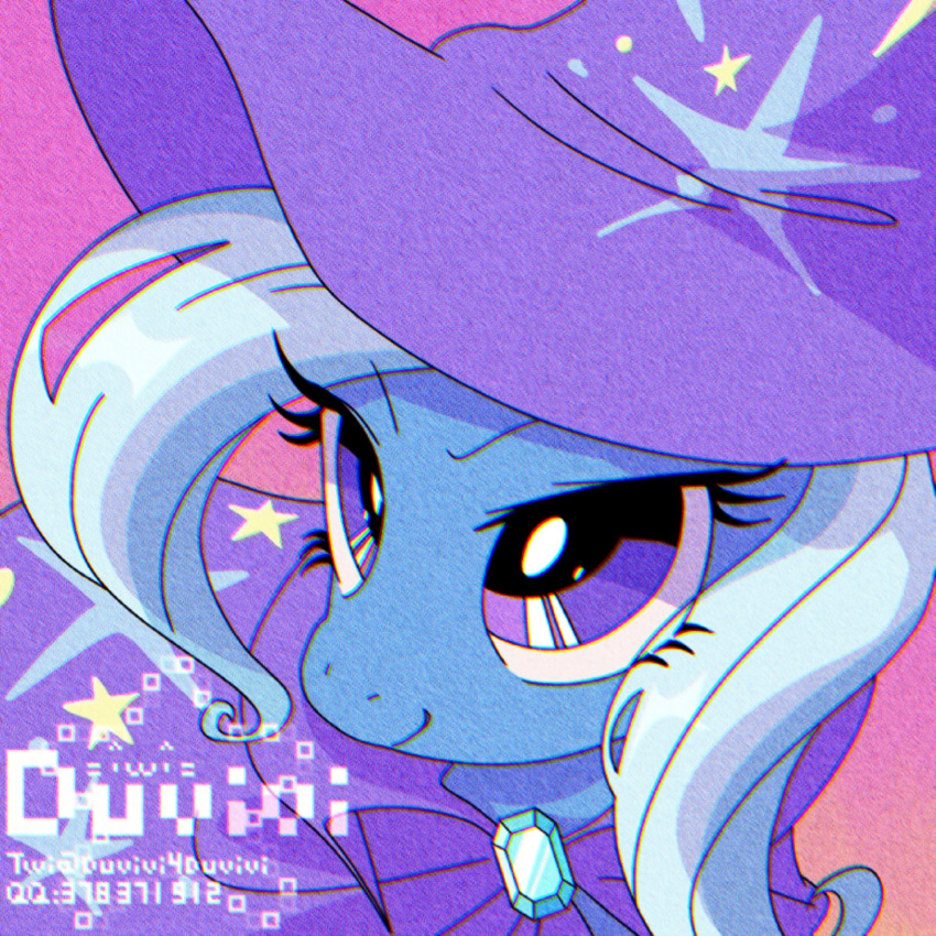 1girl artist_name cloak duvivi4duvivi gradient_background hat highres long_hair looking_at_viewer my_little_pony my_little_pony:_friendship_is_magic no_humans pink_background pony_(animal) portrait purple_cloak purple_eyes purple_hat retro_artstyle solo trixie_lulamoon watermark white_hair witch_hat