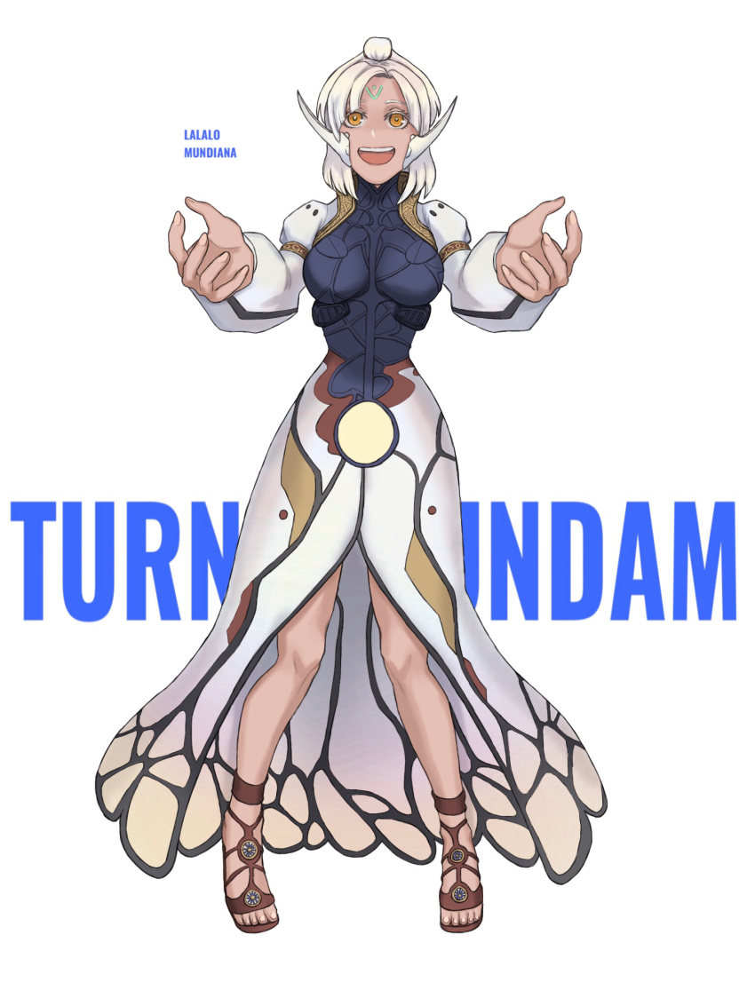1girl brown_footwear character_name commentary_request copyright_name dress gundam highres humanization impossible_clothes impossible_dress jinri_shijie open_mouth outstretched_arms reaching reaching_towards_viewer sandals smile solo teeth turn_a_gundam turn_a_gundam_(mobile_suit) upper_teeth_only white_hair yellow_eyes