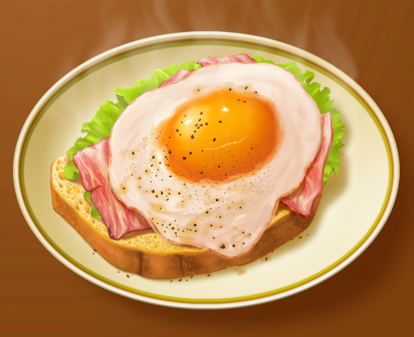 bread bread_slice egg egg_(food) food food_focus fried_egg no_humans original pepper_(spice) plate steam th6313 toast