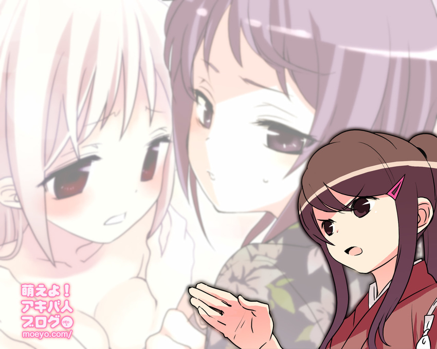 :d breasts cleavage close-up collarbone dress eyebrows_visible_through_hair fii-tan fii-tan_the_figure japanese_clothes kuroda_bb maho medium_breasts multiple_girls open_mouth purple_hair red_dress red_eyes ripe-tan sidelocks silver_hair smile upper_body wallpaper