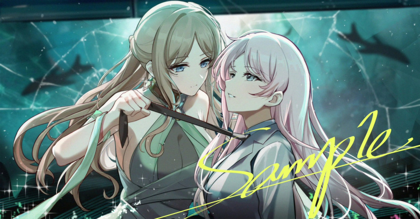 2girls bang_dream! bang_dream!_it's_mygo!!!!! bare_arms black_necktie blue_eyes breasts broken_glass brown_hair changpan_hutao chihaya_anon cleavage closed_mouth collared_shirt commentary_request dress earrings glass grey_dress grey_eyes grey_jacket highres jacket jewelry large_breasts long_hair long_sleeves looking_at_another multiple_girls nagasaki_soyo necktie necktie_grab neckwear_grab pink_hair shirt sideboob sleeveless sleeveless_dress smile sparkle upper_body yuri